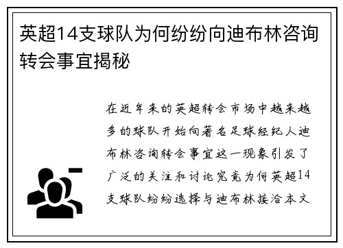 英超14支球队为何纷纷向迪布林咨询转会事宜揭秘