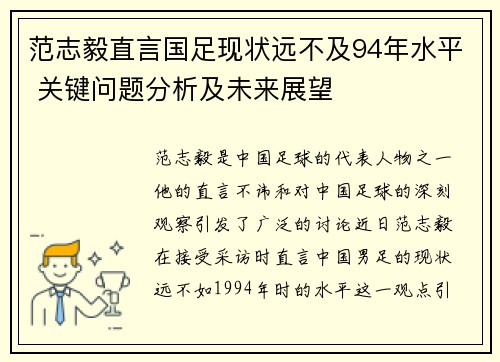 范志毅直言国足现状远不及94年水平 关键问题分析及未来展望