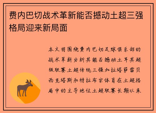 费内巴切战术革新能否撼动土超三强格局迎来新局面